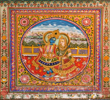 Lord Krishna flüt bir fresk altın boya ile eşi için oynamak