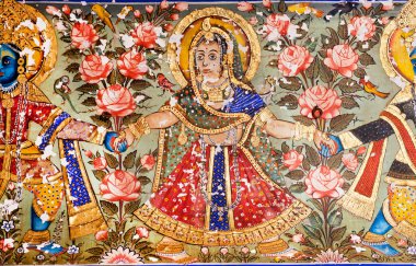Lord Krishna ile çiçeklenir Shekhawati sanatsal tarzı bir açık havada dans kadın