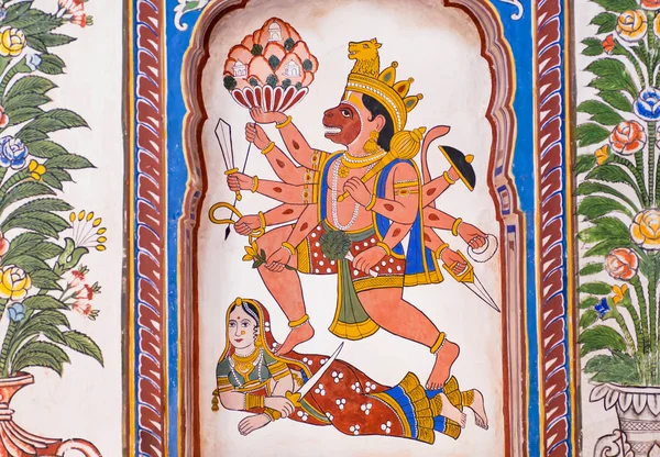 Lord Hanuman hozza Lanka-sziget felett a gonosz a freskó — Stock Fotó