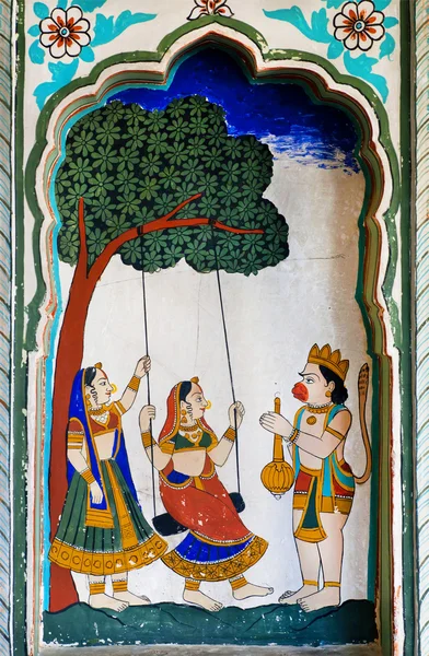 Lord Hanuman beszél a nők egy hinta kültéri freskó Haveli masion — Stock Fotó