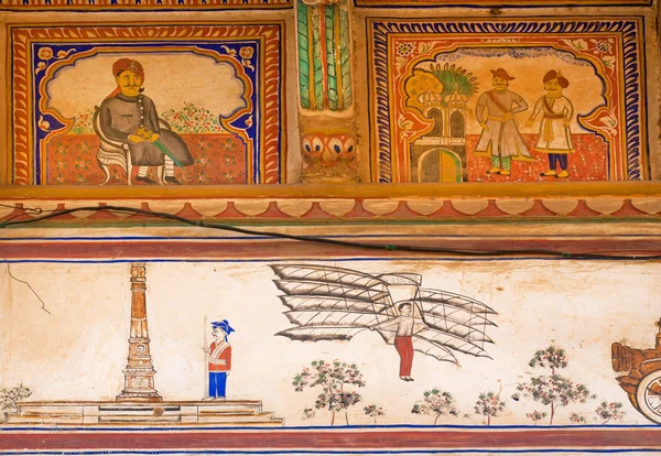Primera máquina voladora en un fresco en el viejo estilo de arte Shekhawati — Foto de Stock