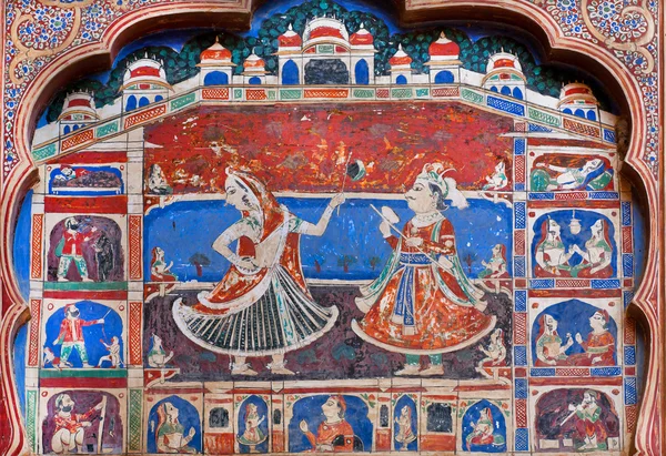 Fresco with city life of 19th century indian city on the carved wall — Stock Photo, Image