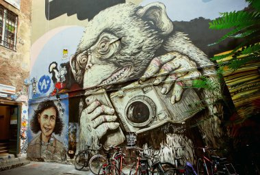 Hipster maymun cep telefonu ve kamera, bilinmeyen sanatçı graffiti ile