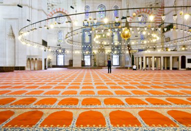 Muslim man walking on the carpet inside the famous Suleymaniye Mosque