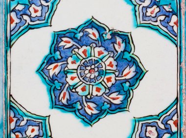 Vintage ceramic tiles with blue color design on wall of historical Topkapi palace, Istanbul.