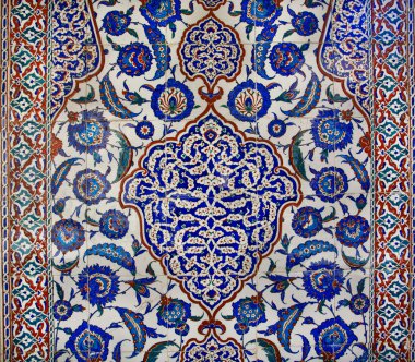 Colorful branches and flowers on patterns on ceramic tiles in Ottoman style