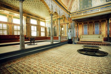 Columns in great Imperial Hall with the throne of Sultan in Topkapi palace, UNESCO World Heritage Site