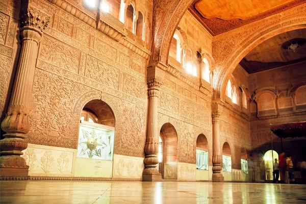 Magas fal, faragványok, nagy teremben 16. századi Junagarh Fort, India — Stock Fotó