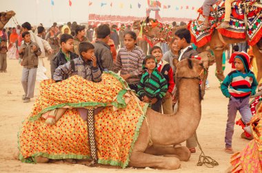 Children making noise, and riding a camel in crowd of the Desert Festival in India