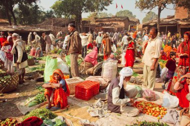 Vegetable market in indian village with crowd of customers buying fresh fruits, tomatoes and greens  