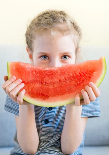 Little girl with slice of juicy watermelon. — Stock Photo, Image