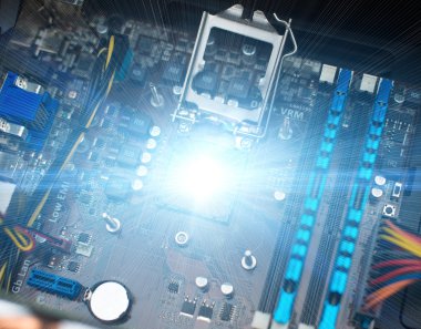 PC içinde. Anakart, İşlemci soketi ve Ram bellek.