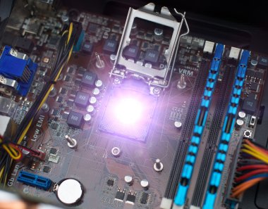 PC içinde. Anakart, İşlemci soketi ve Ram bellek.