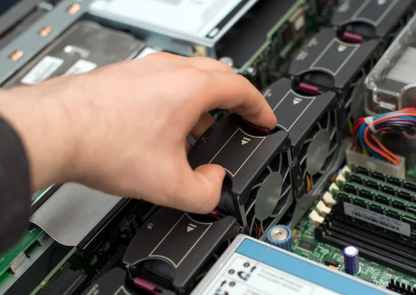 Computer technician installing cooler fan into motherboard. — Stock Photo, Image