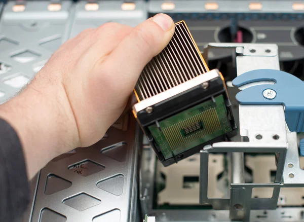 Компьютерный техник, устанавливающий процессор в материнскую плату . — стоковое фото