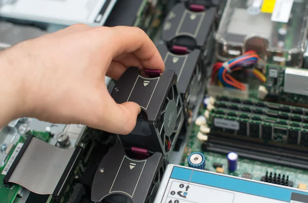 Tecnico informatico che installa ventilatore del dispositivo di raffreddamento nella scheda madre . — Foto Stock