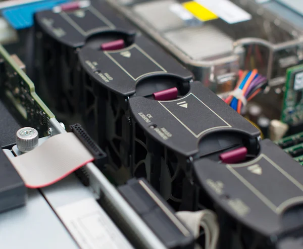 Inside of server pc. Motherboard with many cooler fans. — Stock Photo, Image