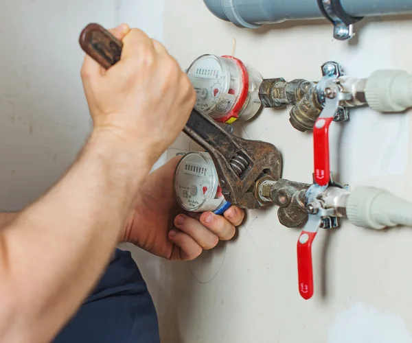 Férfi vízvezeték-szerelő rögzítő vízmérő állítható csavarkulccsal. — Stock Fotó