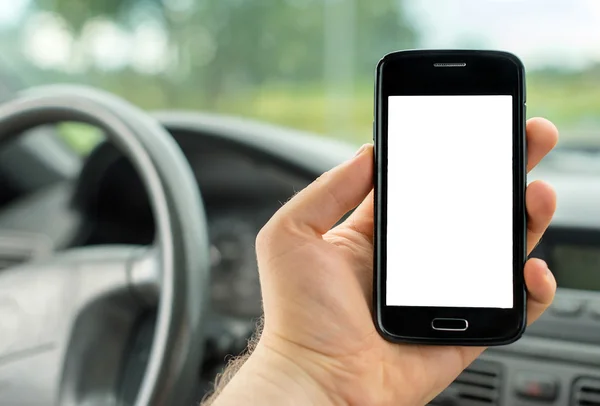Homem usando telefone celular no carro. Tela em branco para o seu texto . — Fotografia de Stock