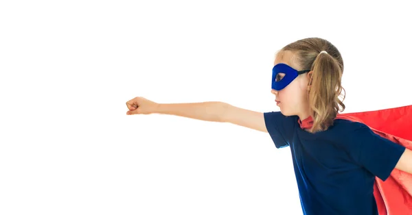 Superhero kid isolated on white. Space for text. — Stock Photo, Image