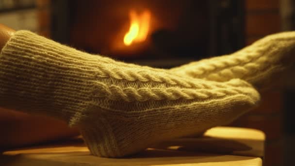 女は家の暖炉のそばで休んでいる — ストック動画