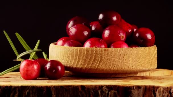 Νωπά Ώριμα Cranberries Ξύλινο Μπολ — Αρχείο Βίντεο