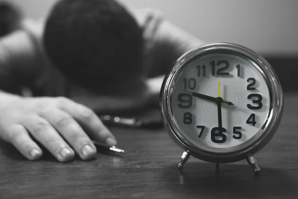 Clock Shows Half Nine Evening Man Fell Asleep Work — Stock Photo, Image