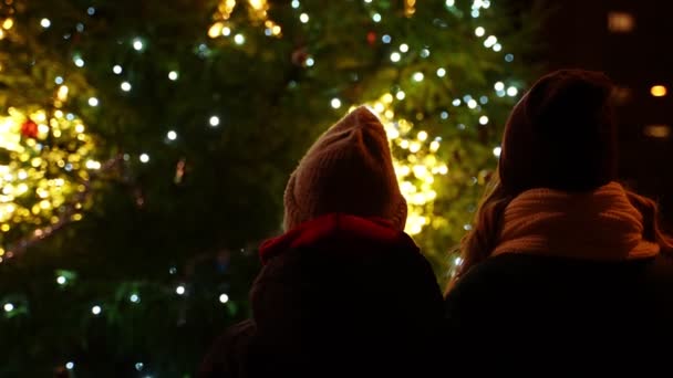 クリスマスツリーの近くに立つ母と娘 — ストック動画