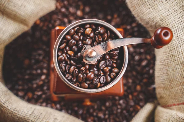 Vintage Old Coffee Grinder Coffee Beans Bag — Stock Photo, Image