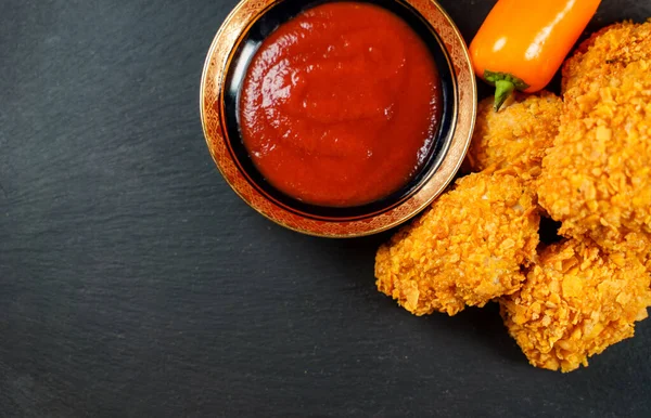 Nuggets Pollo Crujientes Fritos Con Salsa Tomate Vista Superior — Foto de Stock