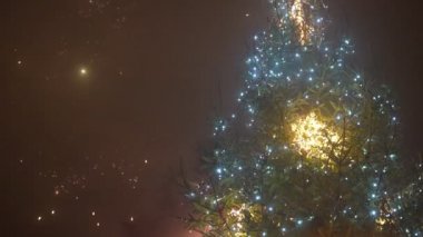 Süslü Noel ağacı ve havai fişekler.
