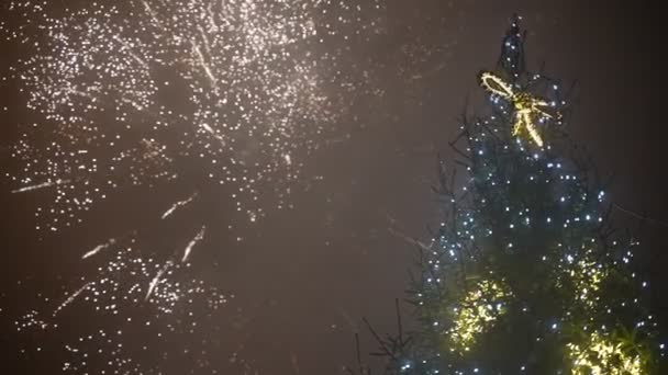 Árbol Navidad Decorado Fuegos Artificiales Cielo — Vídeos de Stock