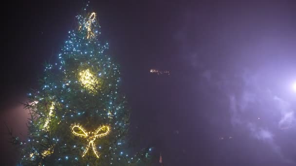 Pomul Crăciun Decorat Focuri Artificii Cer — Videoclip de stoc