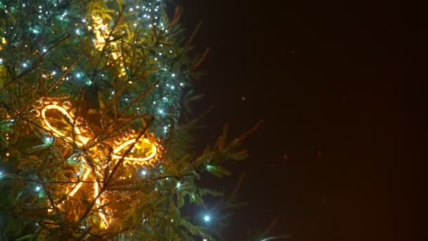 Árvore Natal Decorada Fogos Artifício Céu — Vídeo de Stock