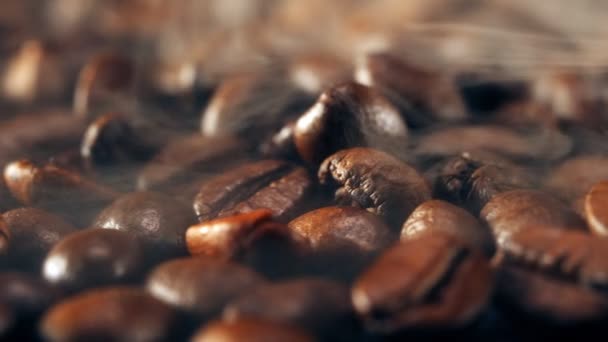 Chicchi Caffè Appena Tostati Con Fumo — Video Stock