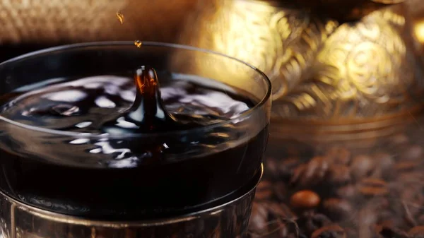 Drop Turkish Coffee Falling Glass Cup — Stock Photo, Image