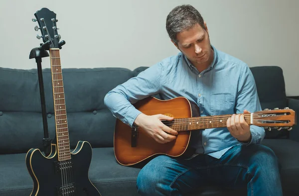 Handsome Man Playing Spanish Guitar Home — Stock Photo, Image