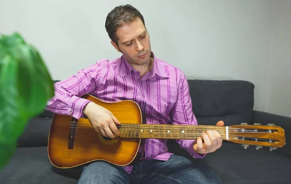 Handsome Man Playing Nylon Guitar Home — Stock Photo, Image