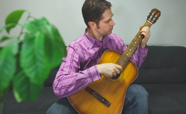 Handsome Man Playing Nylon Guitar Home — Stock Photo, Image