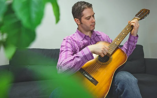 Handsome Man Playing Nylon Guitar Home — Stock Photo, Image