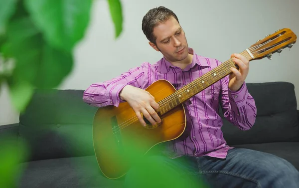 Handsome Man Playing Nylon Guitar Home — Stock Photo, Image