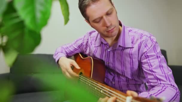 Bonito Homem Tocando Guitarra Nylon Casa — Vídeo de Stock