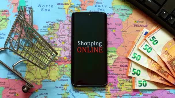 Mobiele Telefoon Winkelwagentje Geld Online Winkelen Concept — Stockvideo