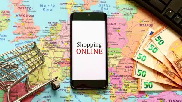 携帯電話 ショッピングカート オンラインショッピングのコンセプト — ストック動画