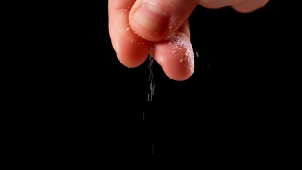 Man Adding Salt Dish Black Background Slow Motion — Stock Video