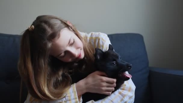 Tween Menina Brincando Com Cachorro Casa — Vídeo de Stock