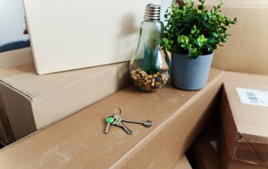 Evin anahtarı karton kutularda. Emlak ve taşınma kavramı.