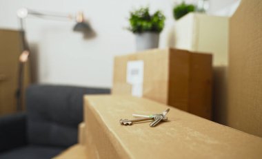 Evin anahtarı karton kutularda. Emlak ve taşınma kavramı.