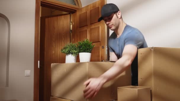 Homme Ramasse Les Boîtes Carton Appartement — Video