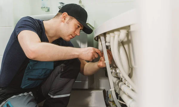 Man Installing Pipe System Bathtub Hydromassage — Stock Photo, Image